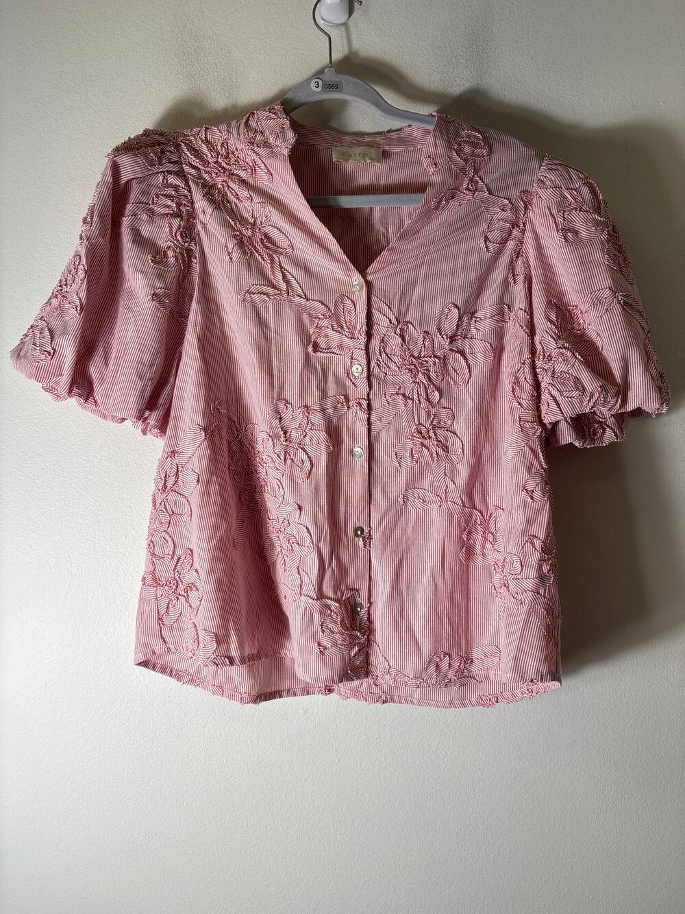 Entro Red and White Stripe Embellished Button Up Top Sz S